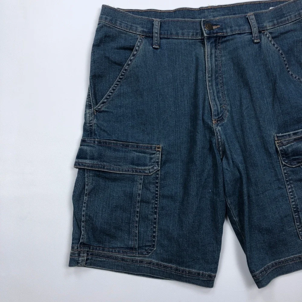 Wrangler Mens Denim Cargo Shorts Blue Size 32 Stretch Jean Jorts